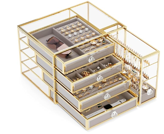 Tempered Glass Jewelry Box 5-Drawer Organizer with Storage-image