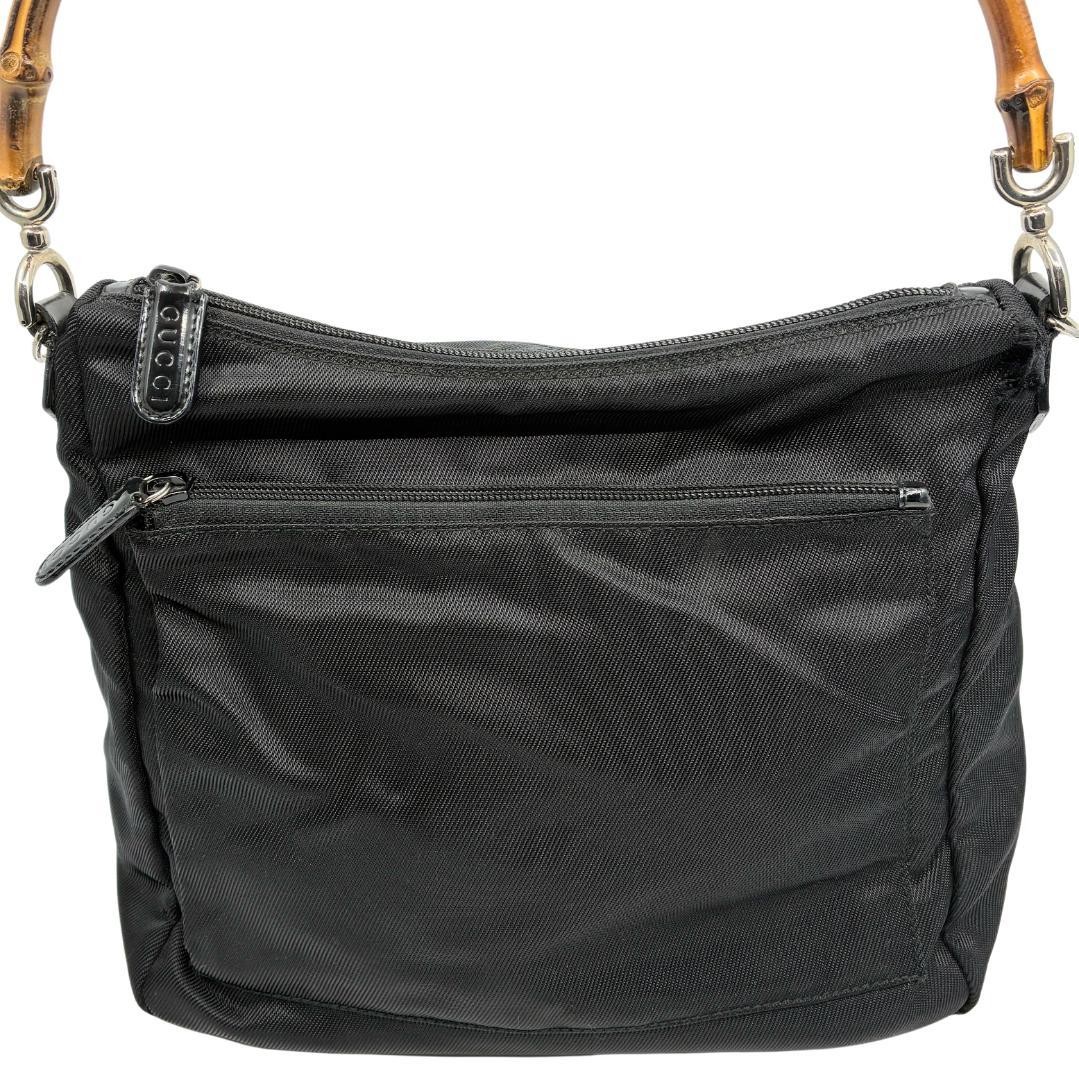 GUCCI Bamboo Shoulder Hand Bag Ziplock Leather Nylon Black Silver Hardware Japan