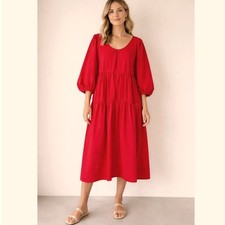 SLOAN Red Tiered Midi Dress Womens Small V-Neck Puff Sleeve Oversized Boho