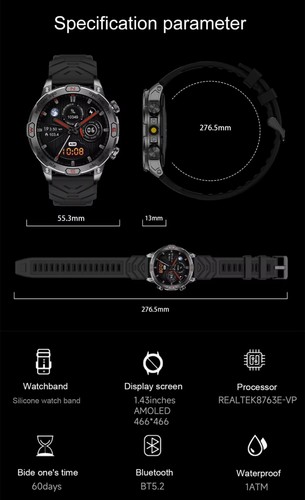 KC86 Military Smartwatch 1.43 inches Large AMOLED Screen BT Call Flashlight - Picture 4 of 21