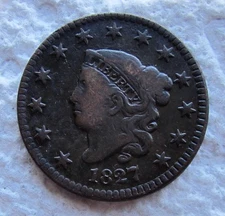 1827 Coronet Head Copper Large Cent Rare Early Key Date Fine / VF Cleaned