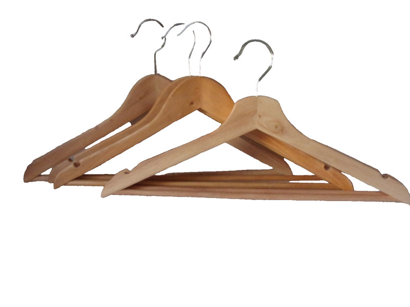 Lot of 5 Wood Clothes Hangers - 4 Notched Arms, 1 UnNotched-Suits, Skirt, Coats