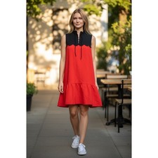 60s Inspired Mod Shift Dress Red Black Scalloped Yoke Drop Waist Ruffle XS