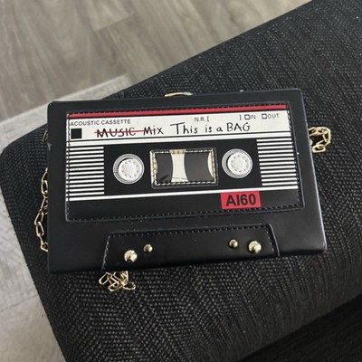 Cassette Tape Pattern Crossbody Bag Black White Gold Chain Strap Retro Music 80s