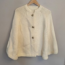 VTG Handmade Cream Ivory Knit Crochet Poncho Cape Gold Buttons Snaps One Size