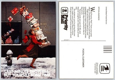 1987 USPS Priority Mail Christmas Shopper Postcard Bodi & Co. Dallas NYC Atlanta