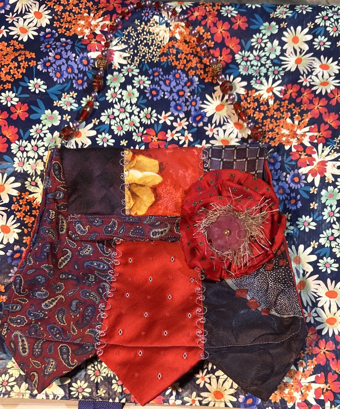 Handmade Patchwork Shoulder Bag W/ Beaded Strap (… - image 1