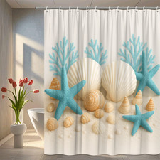 Coastal Beach Shower Curtain with Seashells and Starfish Decor