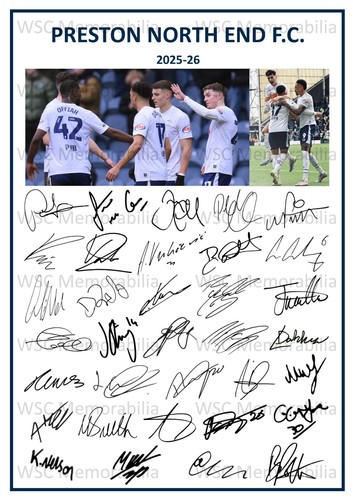 12230. 2025-26 Preston North End Signed Team Photo Sheet (PRINTED AUTOGRAPHS A4)
