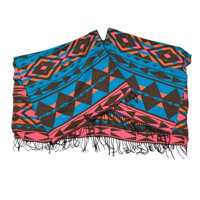 Aztec Print Poncho Wrap Fringe Oversized Blue Pink Brown