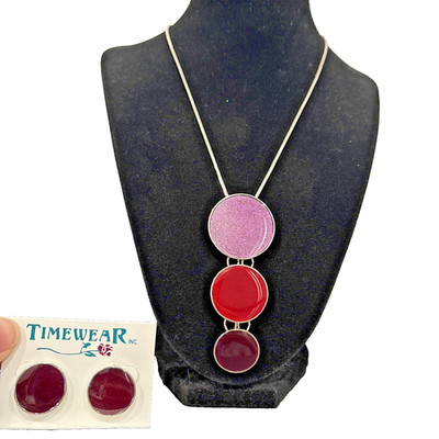 Timewear Crimson Red Purple Polka Dot Circle Earrings 16'' Necklace Silver Tone