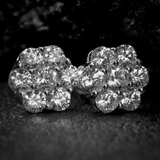 Round Flower Cluster Sterling Silver Screw Back Post Iced Cz Stud Earrings