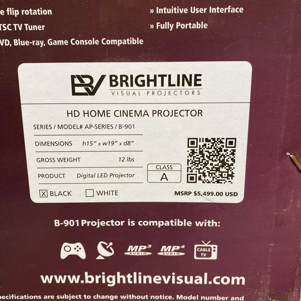 BRIGHTLINE VISUAL PROJECTORS B-901 LED, 3D, 4K, 1080p, 4500 Lumens, 50 to 250” - Image 3 of 4