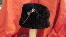 Winter pillbox hat, ladies OSFM with pretty pin,Stylish Black faux curly wool