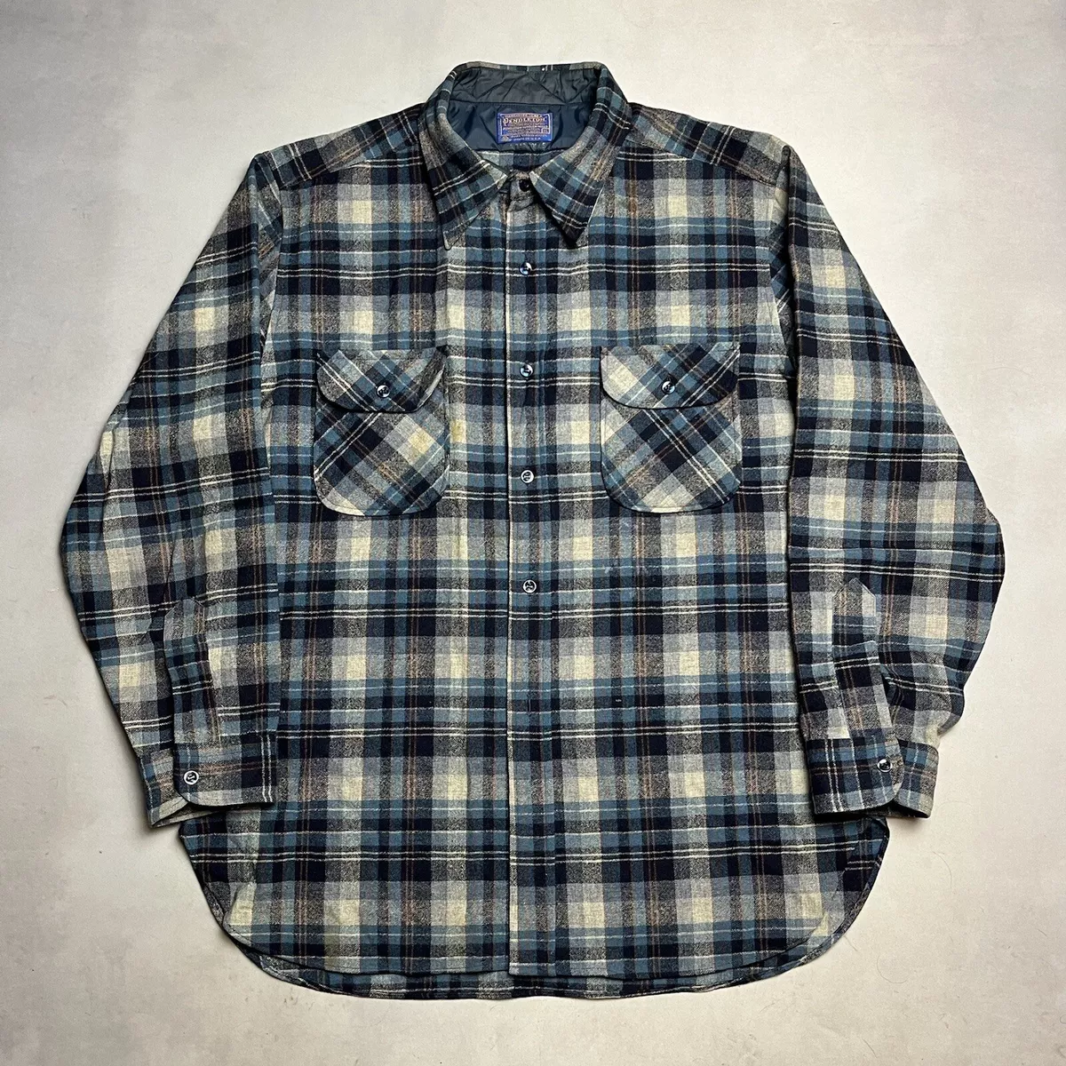 Vintage 60s 70s Pendleton Wool Flannel Button Down Shadow Plaid Shirt XL