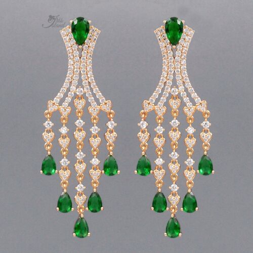 Dangle Chandelier Earrings Women Simulated Emerald Green Zirconia Gold Plated 30 - Picture 1 of 4