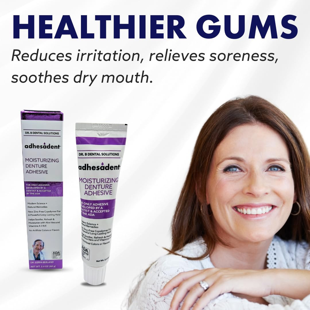 Adhesadent Moisturizing Denture Adhesive, 2.4 oz Tube - Strong Long-Lasting Hold
