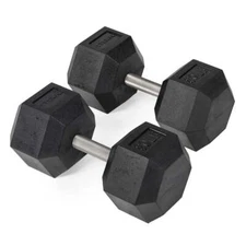 Titan Fitness 80 LB Pair Free Weights, Black Rubber Coated Hex Dumbbell, Straigh