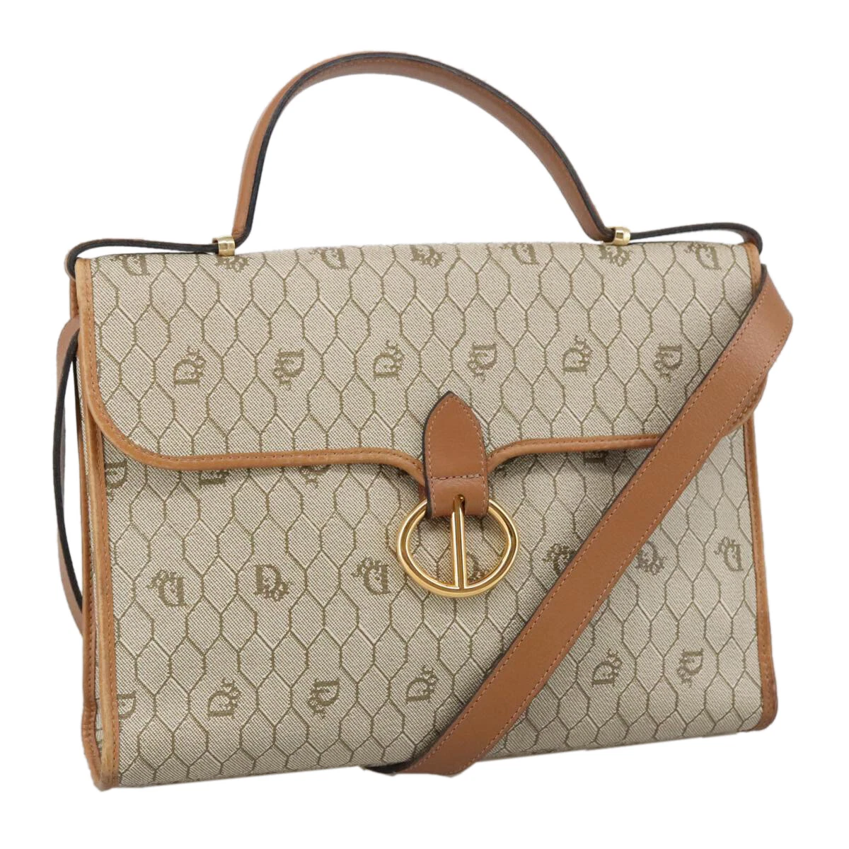 Christian Dior sac à main toile nid d'abeille PVC cuir 2 voies beige or authentique 102809