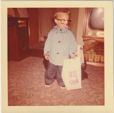 VINTAGE SNAPSHOT: KID IN CLOWN HALLOWEEN COSTUME, BIG RED NOSE