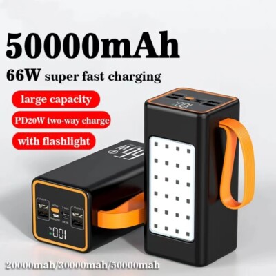 50000mAh 66W Power Bank PD 20W External Portable Battery Fast Charging LED US