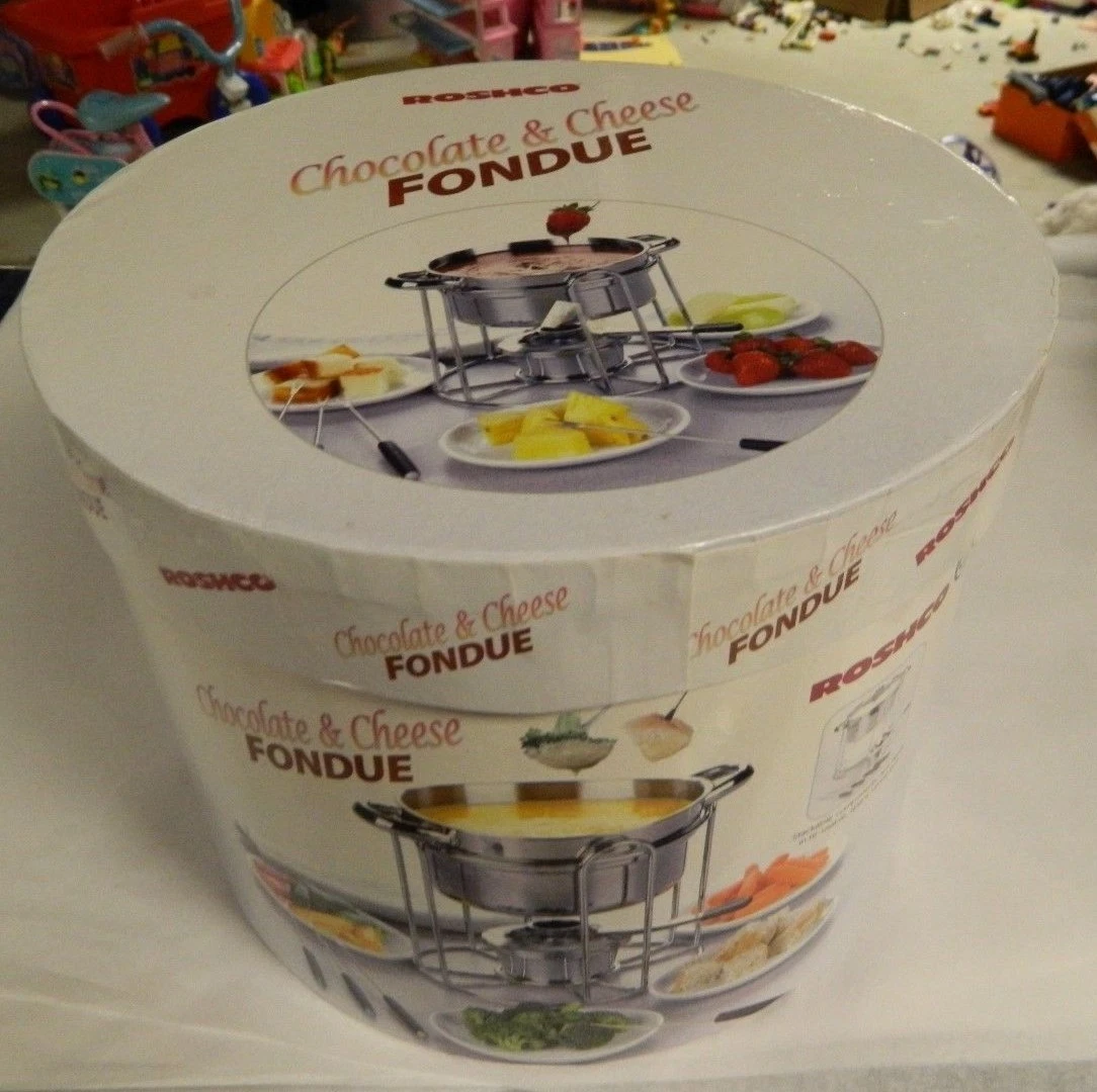 NIB HTF ROSHCO 12 PC. SET STAINLESS STEEL CHOCOLATE & CHEESE STACKABLE FONDUE