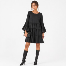 Lauren Ralph Lauren Dress Womens 14 Black Tiered Ruffle Bell Sleeve LBD Cocktail