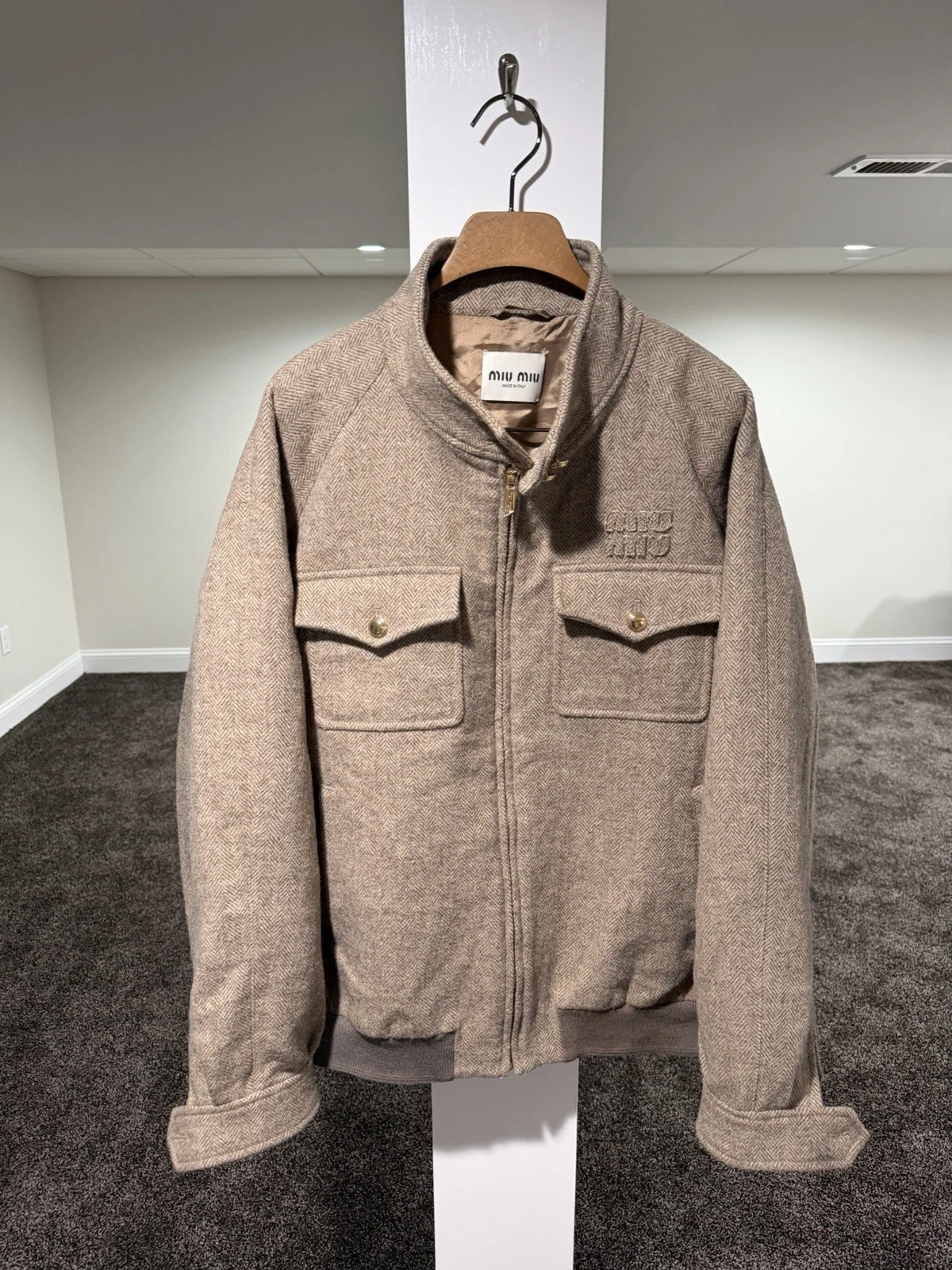 Miu Miu — Miu Miu Brown / Biege Chevron Cord Logo Blouson Zip Jacket