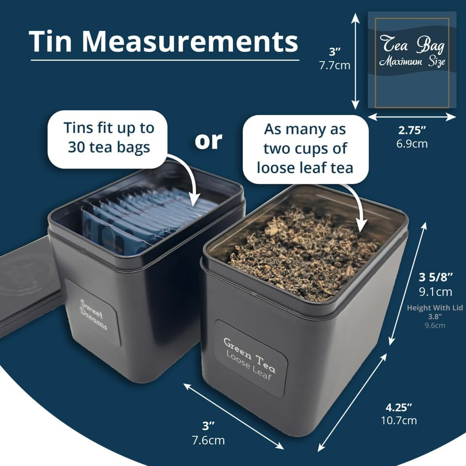 Tea Organizer Rack with 9 Tins & 160 Labels - Ideal for Loose & Bagged Tea