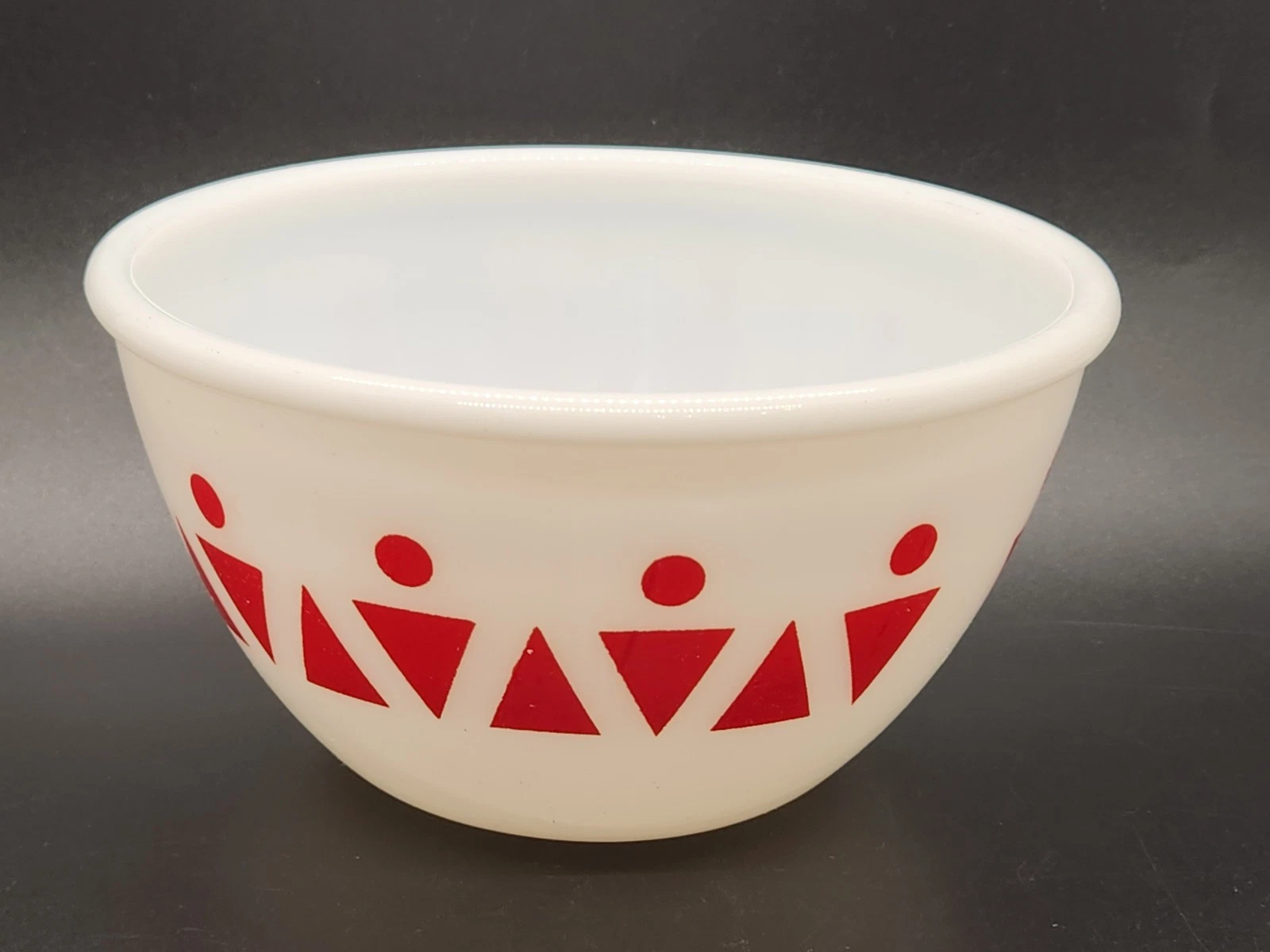 HTF-Hazel Atlas Small White Milk Glass Mixing Bowl w/Red Triangles & Dots Vtg