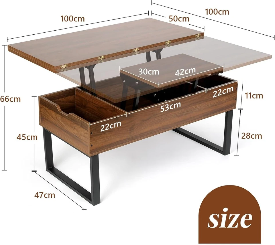 Multifunctional Lift Top Coffee Table with Hidden Storage Walnut 100x50x50cm - Image 2 of 4