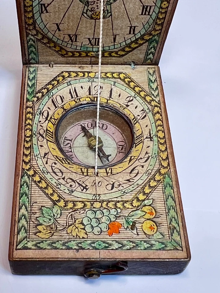 18c.Antique German Wооden Folding Dyptich Pocket Compass Sundial Painted Dail - Image 2 of 4