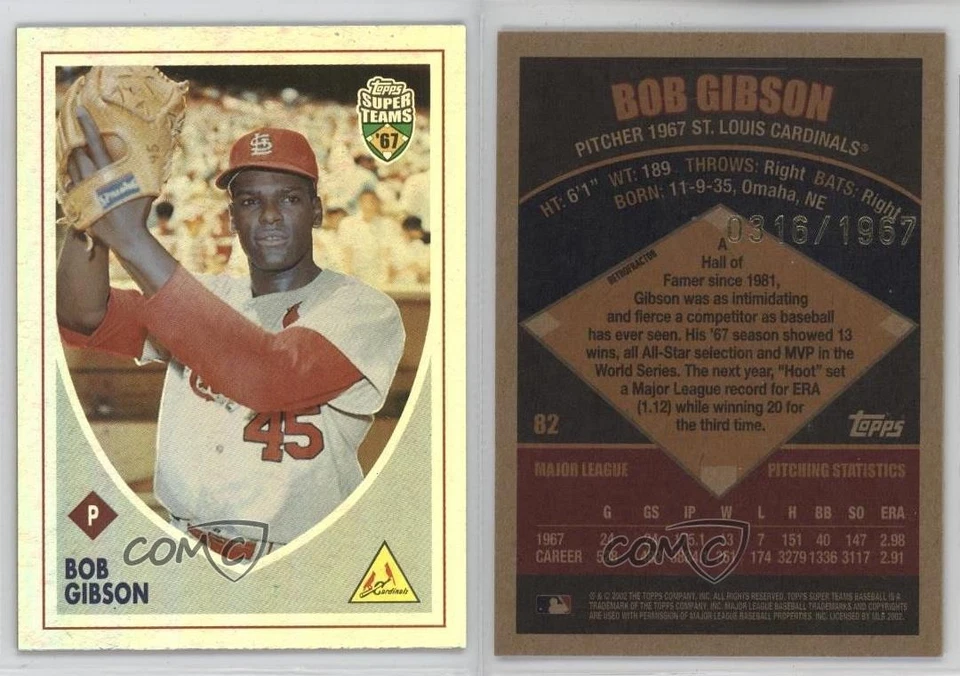 2002 Topps Super Teams Retrofractor 316/1967 Bob Gibson #82 HOF - Image 3 of 3