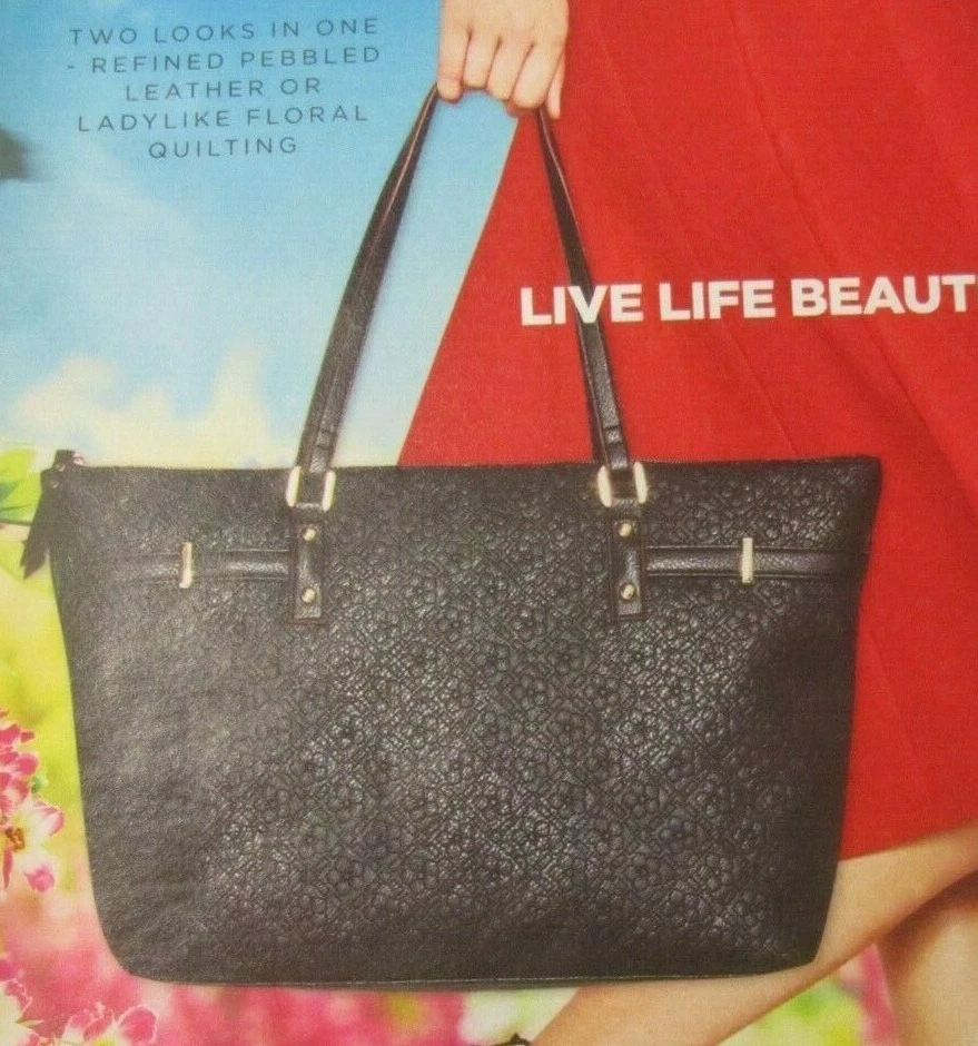 AVON Life Tote Bag Black Faux Leather Pebbled Floral Texture Bonus Red Scarf
