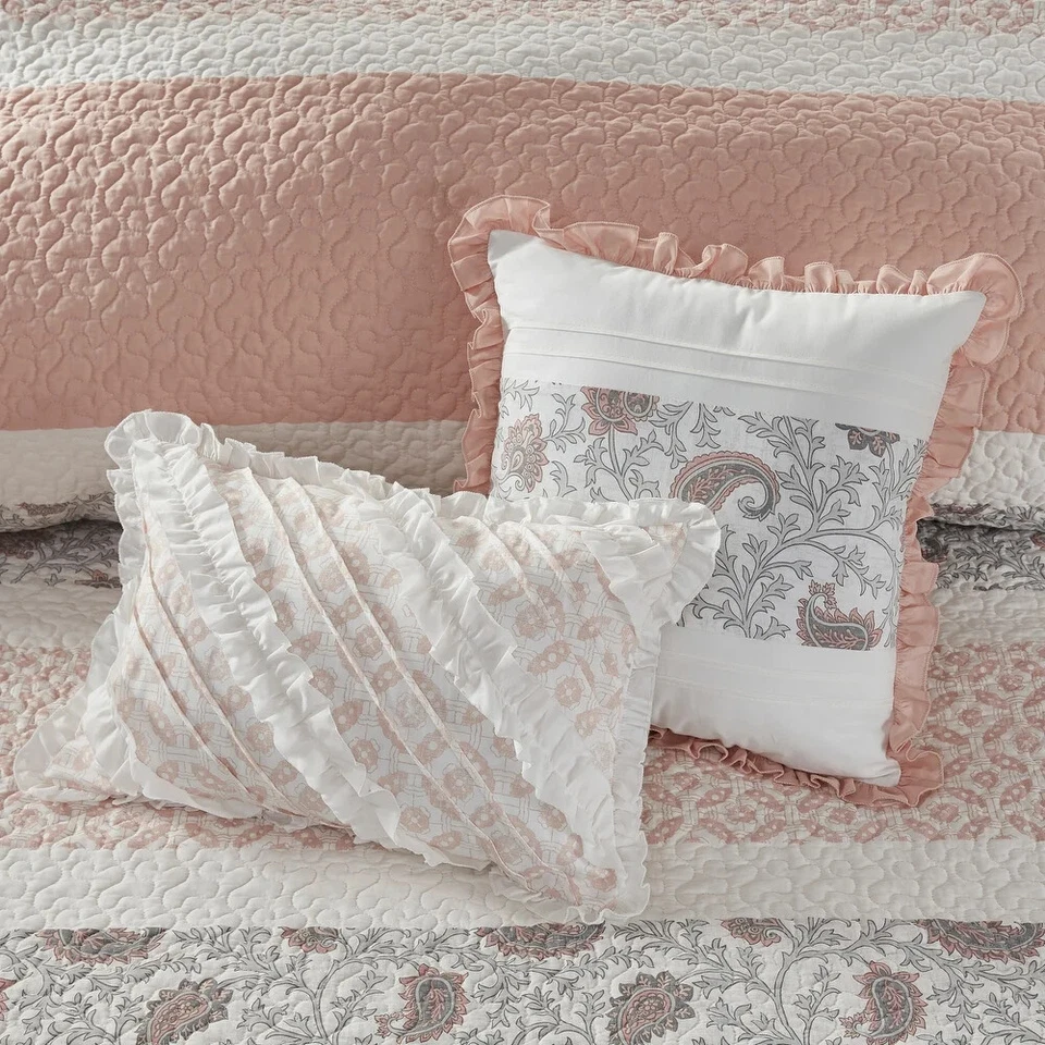 NEW! ~ COZY SHABBY CHIC FRENCH COTTAGE PINK WHITE RUFFLE GREY COUNTRY QUILT SET - Image 3 of 4
