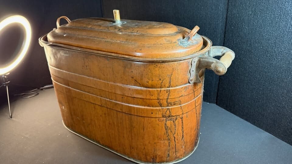 Antique Copper Boiler with lid and wood handles. Converted to use as a Still