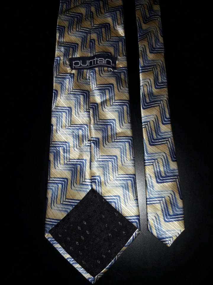 Corbata Puritana Amarillo Azul Azul Líneas Rayas Ondas Abstracto Seda 55 x 4 Hecha en EE. UU. Foto 3 de 3