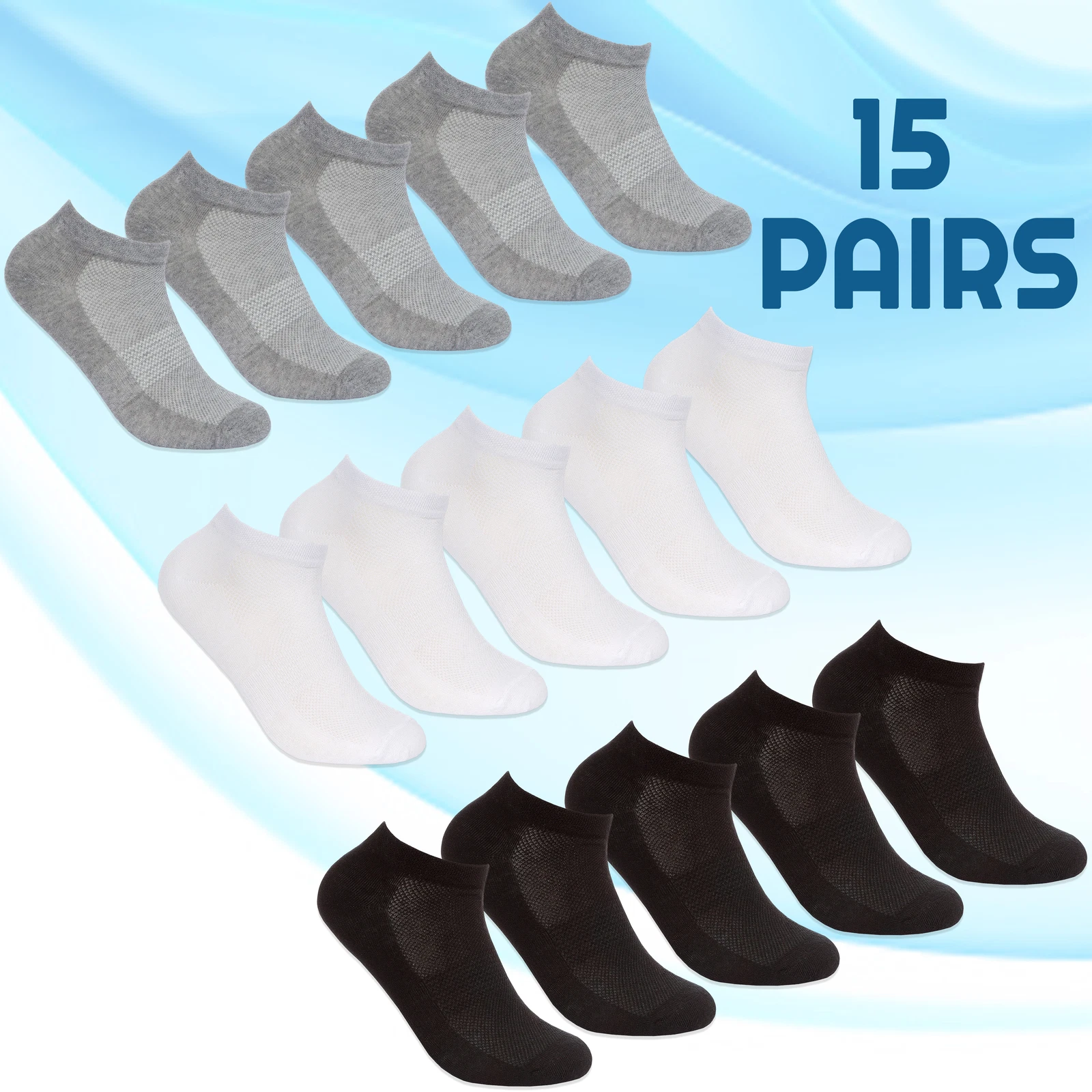 15 Pairs Bundle Ladies Sport Trainer Liner Ankle Socks Active White Grey Black