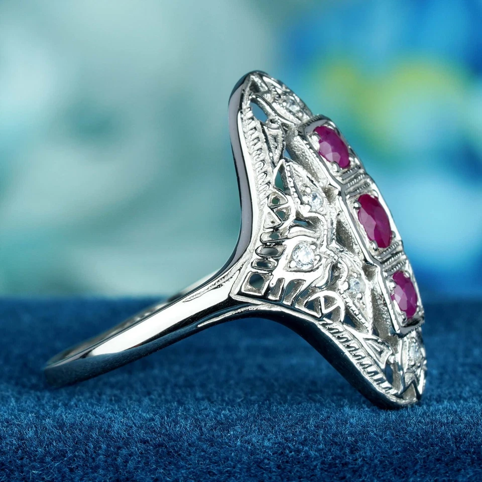 9K White Gold Natural Ruby Diamond Filigree Three Stone Ring - Image 4 of 4