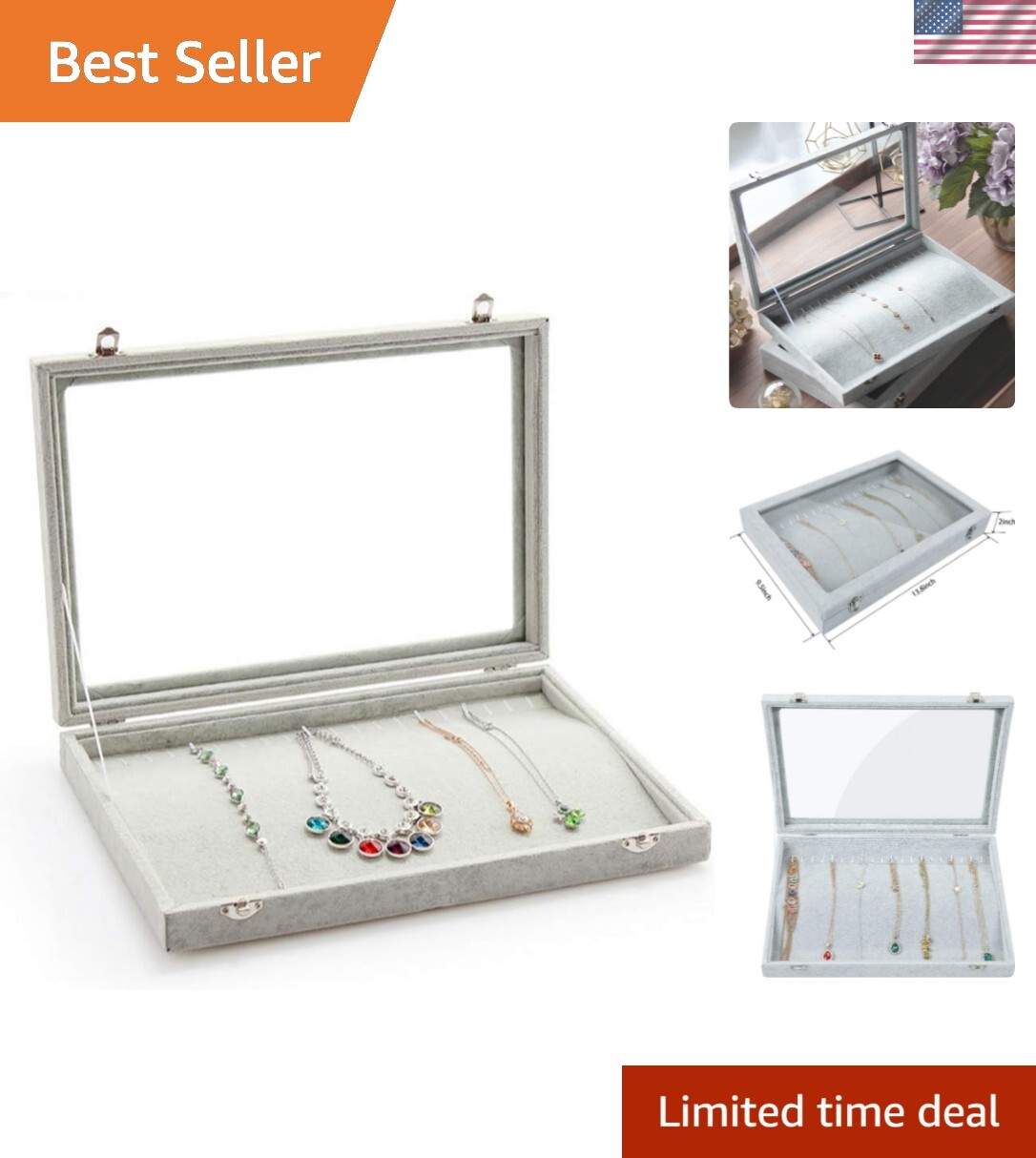 Velvet jewelry storage box with 20 hooks and glass top for necklaces and bracelets-image