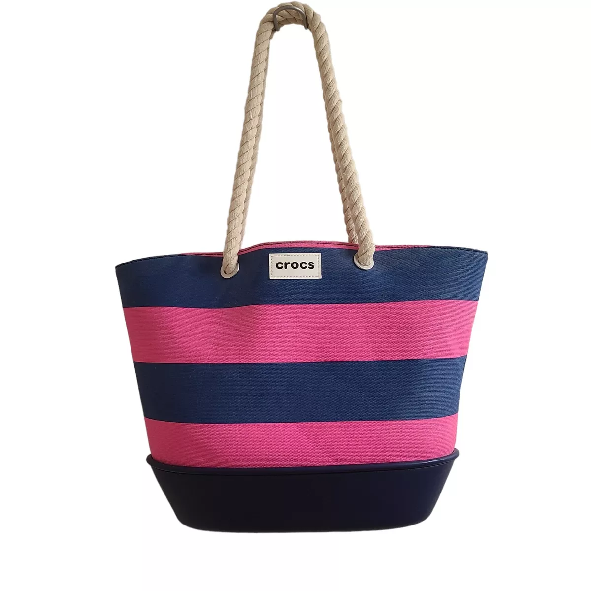 CROCS Pink Blue Striped Nautical Rope Handle Zippered Beach Tote Bag