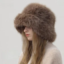 Women Faux Fur Hat Bucket Fishing Cap Wide Brim Winter Warm Fluffy Plush New