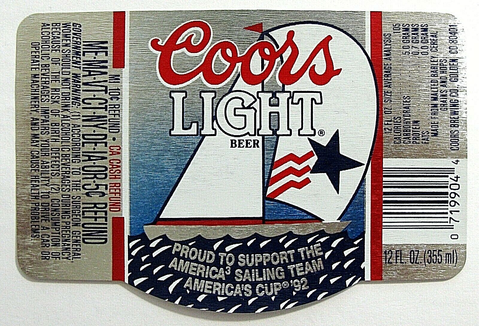 Coors Brewing Co COORS LIGHT BEER label CO 12oz AMERICA'S CUP '92 eBay