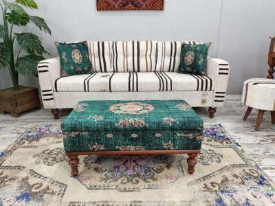 Storage Ottoman Bench Moss Green Rectangular Chenille Fabric Tufted