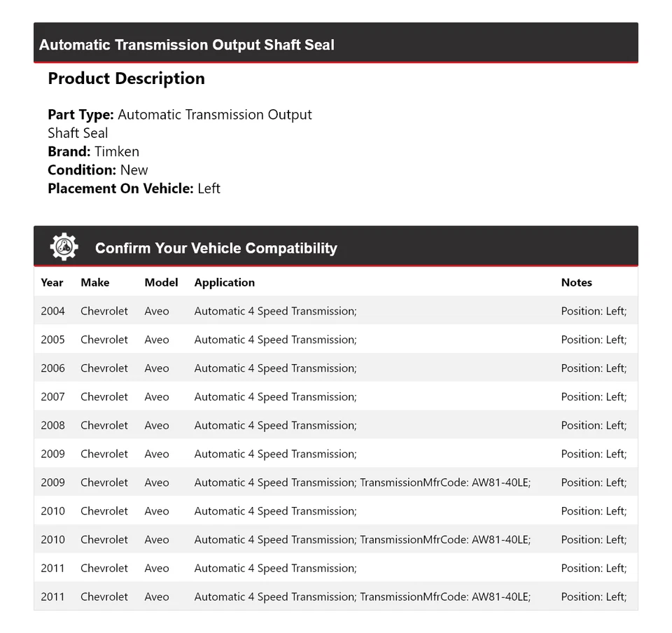 Para 2004-2011 Chevrolet Aveo Auto Trans vedação de eixo de saída esquerda Timken 2005 2006 - Imagem 2 de 4