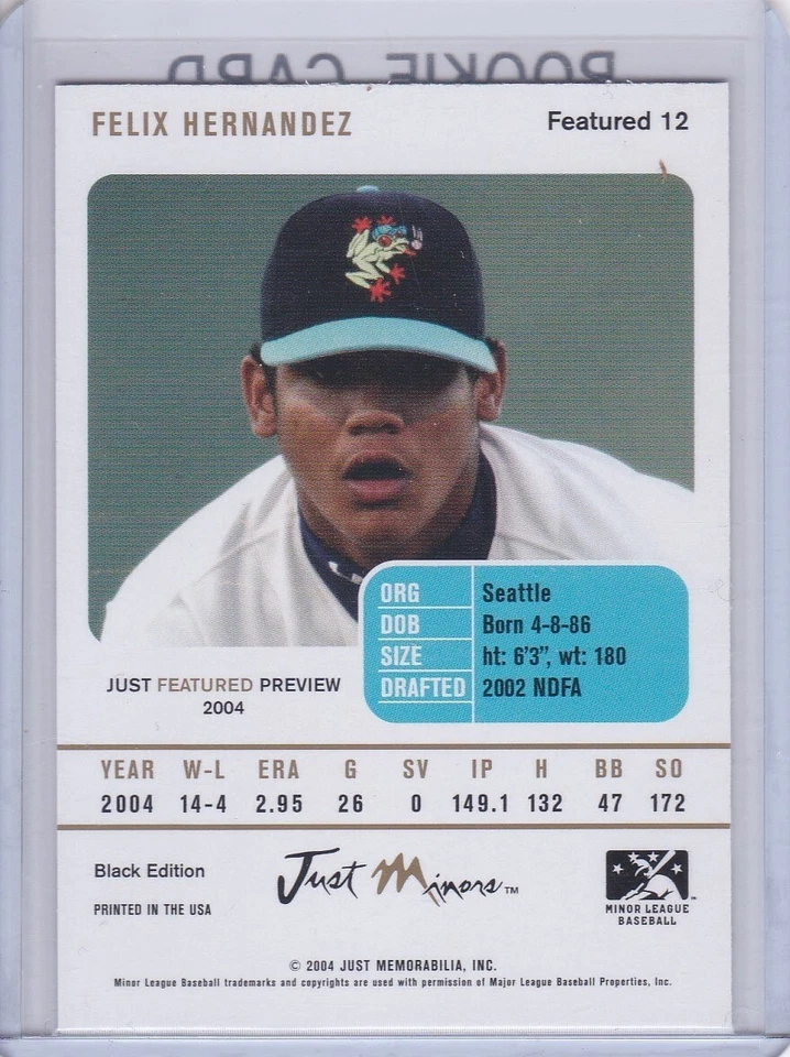 FELIX HERNANDEZ ROOKIE CARD 2004 Seattle Mariners Baseball Just Minors M's RC! - Image 2 of 2