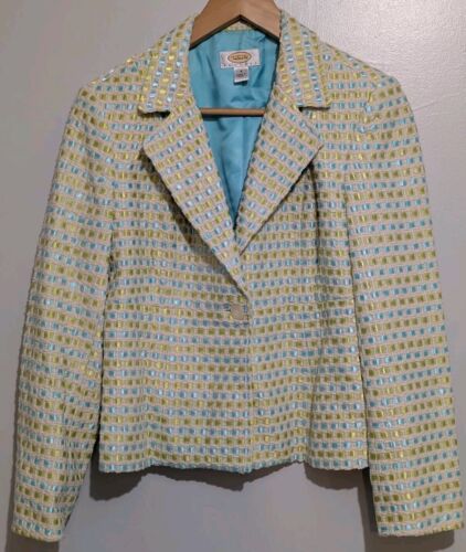 Talbots Jacket Blazer Silk Blend Blue Lime Green Ribbon Tweed Plaid Petite 6 - Picture 2 of 13