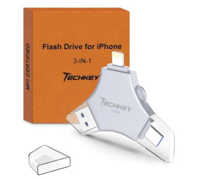 Techkey MFi Certified USB 3.0 Flash Drive 128GB iPhone 3in1 External Memory New