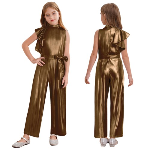 Girls Sparkly Jumpsuit Ruffle Cap Sleeve Belted Wide Leg Romper Dressy One Piece - Picture 33 of 71