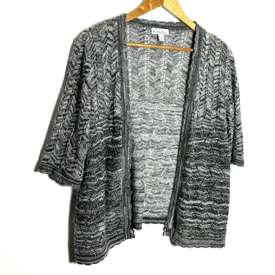Cárdigan para mujer Kim Rogers Plus 1X negro blanco tejido abierto acrílico manga corta Foto 2 de 4